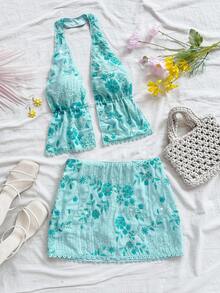 Soleia 新款休闲度假西部海滩婚礼宾客礼服毕业早午餐女装，适合圣帕特里克节、春假、复活节、音乐节等场合，优雅波西米亚热带风情露背两件套 - 藍色 - 查看 1
