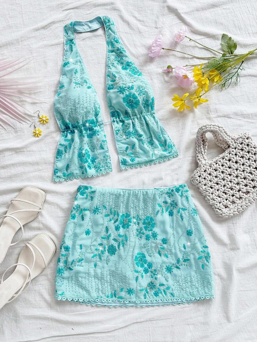 Soleia 新款休闲度假西部海滩婚礼宾客礼服毕业早午餐女装，适合圣帕特里克节、春假、复活节、音乐节等场合，优雅波西米亚热带风情露背两件套 - 藍色 - 查看 1