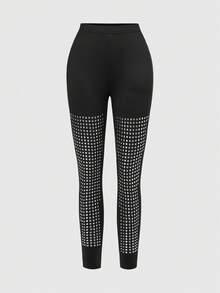 ROMWE Grunge Punk Y2K Punk Cross Rivet Design Fitted Versatile Women Leggings - Black - View 1