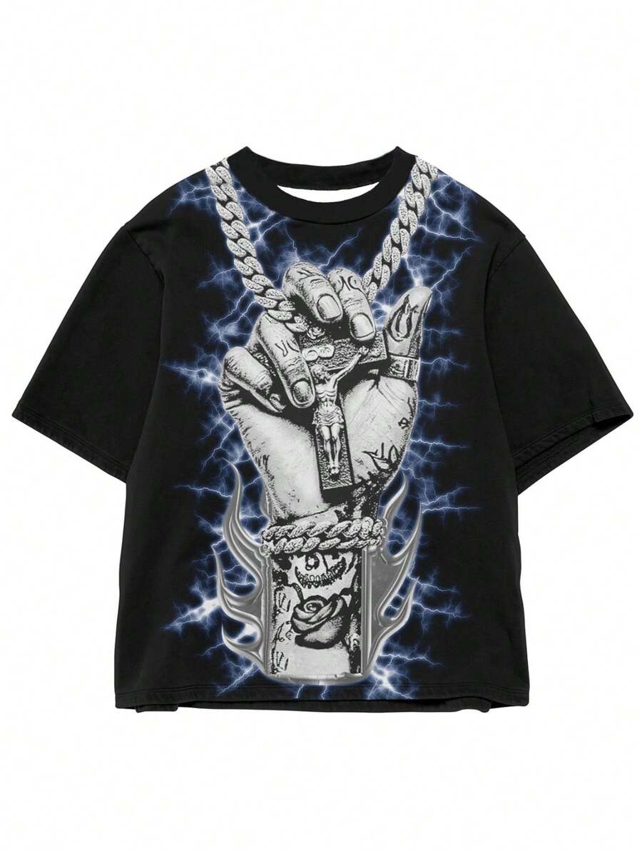 Manfinity Dauomo Tricou bărbătesc cu guler rotund și imprimeu încrucișat - Negru - Vizualizare 1