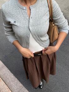 SHEIN EZwear 棕色女式条纹褶皱休闲/工作裙 - 棕色 - 查看 4