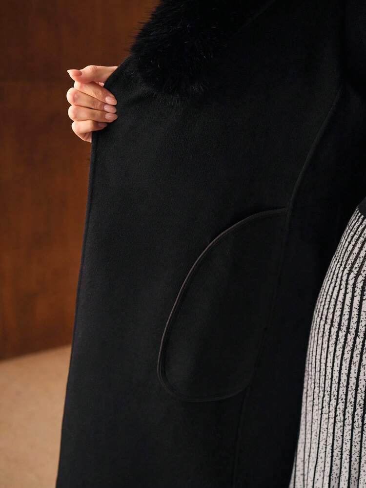 Wool Collar Patchwork Long Waist Cinched Overcoat, Autumn/Winter