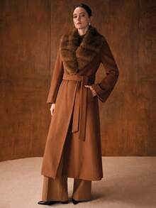 MOTF PREMIUM Abrigo de lana digno con cuello de piel, mangas acampanadas y cintura con lazo para otoño/invierno - Caqui - Ver 5