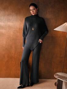 MOTF PREMIUM CONJUNTO DE 2 PIEZAS TEJIDO ELEGANTE: SUÉTER TEJIDO DE CUELLO ALTO ASIMÉTRICO Y PANTALONES TEJIDOS ACAMPANADOS, OTOÑO/INVIERNO - Gris Oscuro - Ver 5