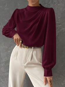 SHEIN X Scot Louie BizChic 女士酒红色翻领褶皱宽松灯笼袖长袖衬衫，现代优雅都市通勤日常浪漫90年代复古圣诞新年风格，适合情人节派对、海滩、毕业典礼、时尚、休闲、浪漫场合，也适合婚礼宾客、主人、约会、派对、音乐会、早午餐、机场等场合。 - 中紫紅色 - 查看 6