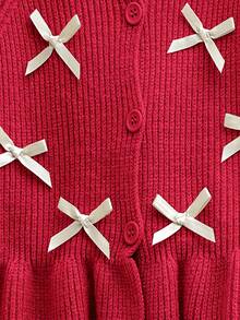 SHEIN Baby Girl Round Neck Raglan Sleeve Ruffle Trim Bowknot Decor Sweater Set Autumn Winter Clothes For Women Cherry Toddler Outfit Red Baby Outfits Baby Girl Sweaters Set Two Piece Winter Outfits For Toddler Girl Knit Two Piece Toddler - Red - View 5
