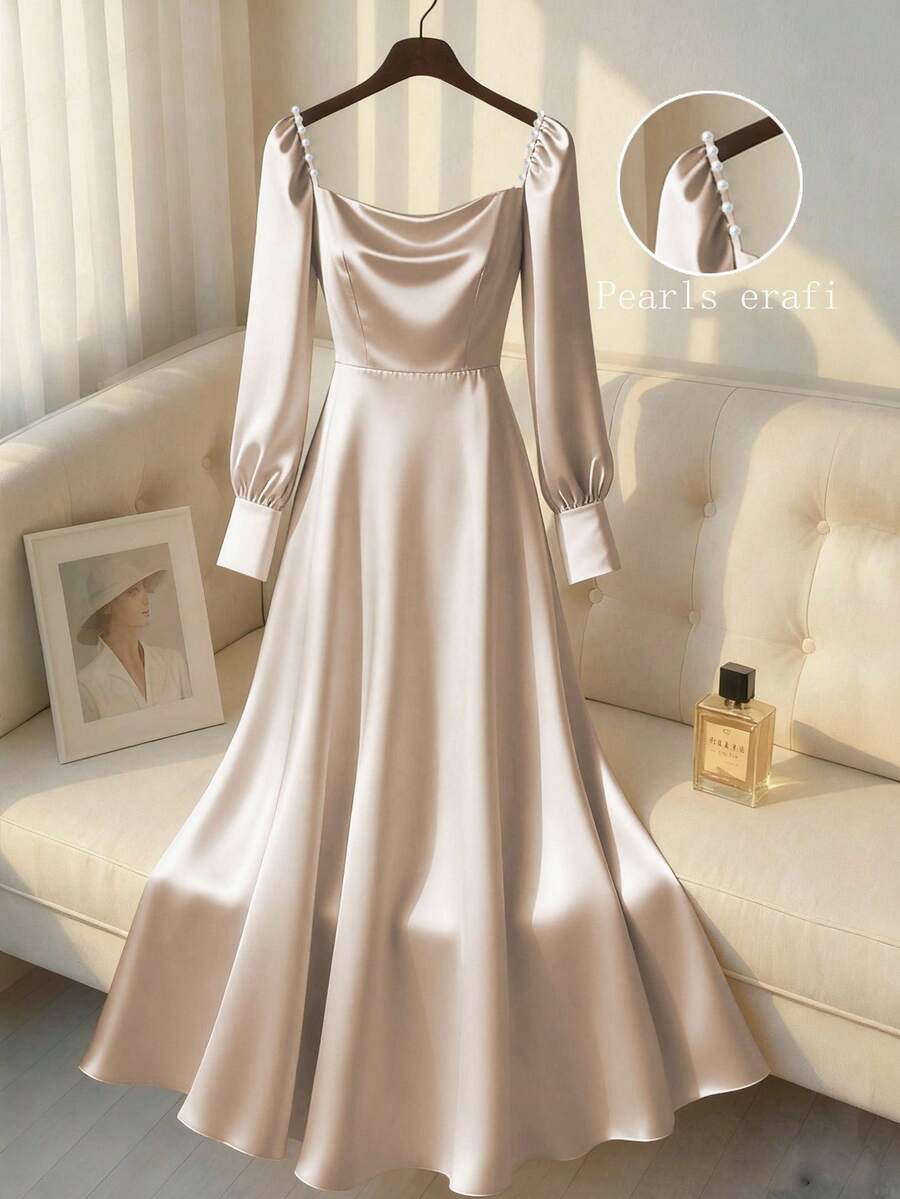 Franclia Elegante vestido de mujer para otoño/invierno de tela mate color caqui con cintura ceñida, cuello con volantes, mangas largas, decoración de perlas en los hombros, y cremallera invisible lateral - Albaricoque - Ver 1