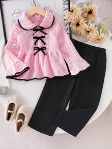 SHEIN Elladie kids 2 件套：宽松白色喇叭袖上衣，搭配黑色蝴蝶结装饰和舒适黑色休闲裤 - 粉色 - 查看 3