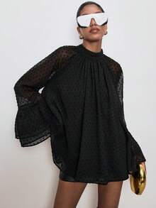 ATUI Studio Women's Long-Sleeved Blouse With Wide-Sleeved Ruffles And Lace Details, Elegant, Retro, And Romantic Embroidered Details,Polka Dot Wide-Sleeved Blouse With Ruffles,Autumn/Winter Women's Clothing,Autumn Top,Women's Business Casual Wear. - Black - View 5