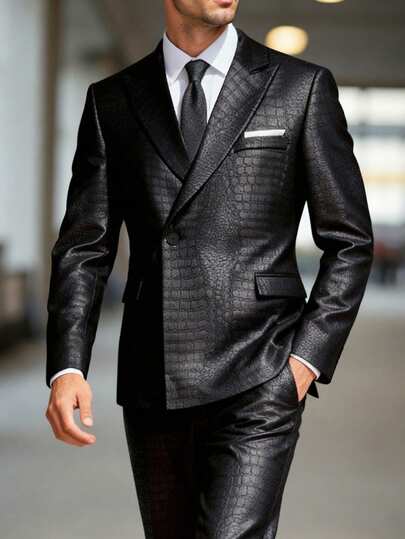 Manfinity AFTRDRK Men's Elegant Single-Button Textured Jacquard Suit Set With Pants, Suitable For Daily Commute, Business, Party And Banquet Wear. This Suit Set Is An Indispensable Versatile Item In A Man's Wardrobe, And Makes A Great Gift For A Boyfriend Or Husband. Men Double Breasted Suit Men Black Suit Set Luxury Clothes For Men Jacket Suit For Men Gala Modern Men Blazer Suit