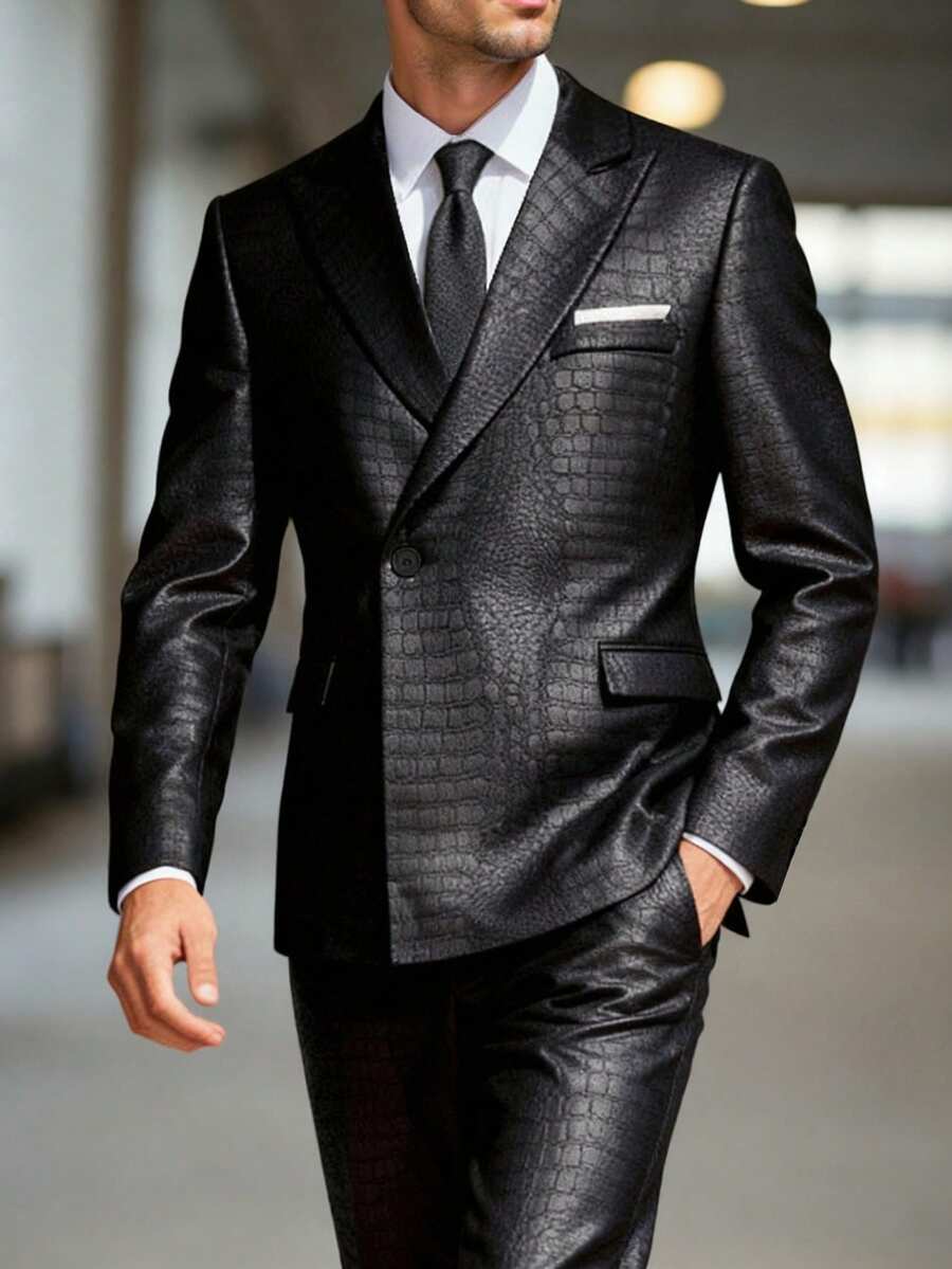 Manfinity AFTRDRK Men's Elegant Single-Button Textured Jacquard Suit Set With Pants, Suitable For Daily Commute, Business, Party And Banquet Wear. This Suit Set Is An Indispensable Versatile Item In A Man's Wardrobe, And Makes A Great Gift For A Boyfriend Or Husband. Men Double Breasted Suit Men Black Suit Set Luxury Clothes For Men Jacket Suit For Men Gala Modern Men Blazer Suit - Black - View 1