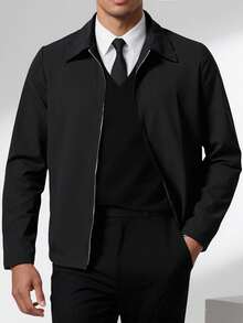 Manfinity Homme Chaqueta casual con cremallera de manga larga y unicolor versátil para hombres, otoño - Negro - Ver 3