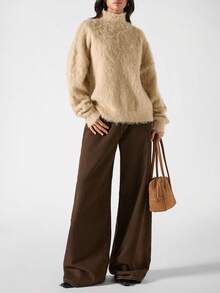 LYSMO 2025 Nova Chegada Minimalismo Inverno Mulheres Cor Sólida Gola Alta Manga Longa Casual Solto Moda Tricô Suéter Top de Pele Gola Alta Suéter de Gola Alta Inverno para Mulheres Olhar de Ano Novo e Natal - Cinza - Visão 5