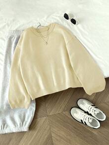 Elamini 女式纯色圆领长袖休闲套头毛衣，秋冬 - 杏色 - 查看 3