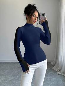 Rafferiza Women's Casual Ribbed Contrast Color Turtleneck Basic Top - Navy Blue - View 4