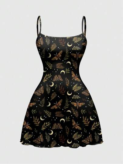 Fairycore Gothic Romantic Dark Moth, Plant, Butterfly, Moon, Sun, Star, Leaf Print Mini Dress For Women