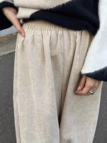 FRIFUL 女式松紧腰灯芯绒宽松喇叭裤脚九分裤 - 杏色 - 查看 5