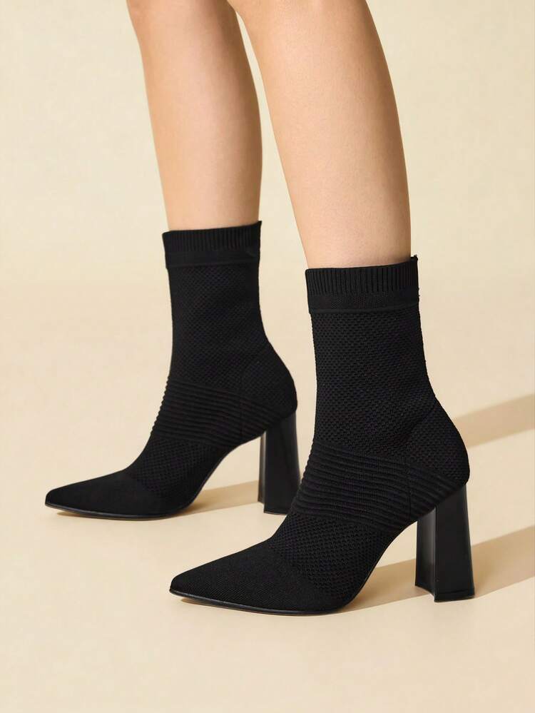 CUCCOO BASICS クーコー レディース ハイヒール チャンキーヒール ポインテッドトゥ エラスティック ニット ミッドカーフブーツ