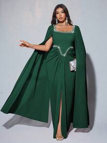 Viva Relle Elegantes, romantisches, luxuriöses Maxikleid für Damen in Große Größen für Bankette, Partys, Hochzeitsgäste, aus Chiffon mit Laternenärmeln, Rundhalsausschnitt, Diamantenverzierung und fließendem Stil (zufällig mit Strass verziert)