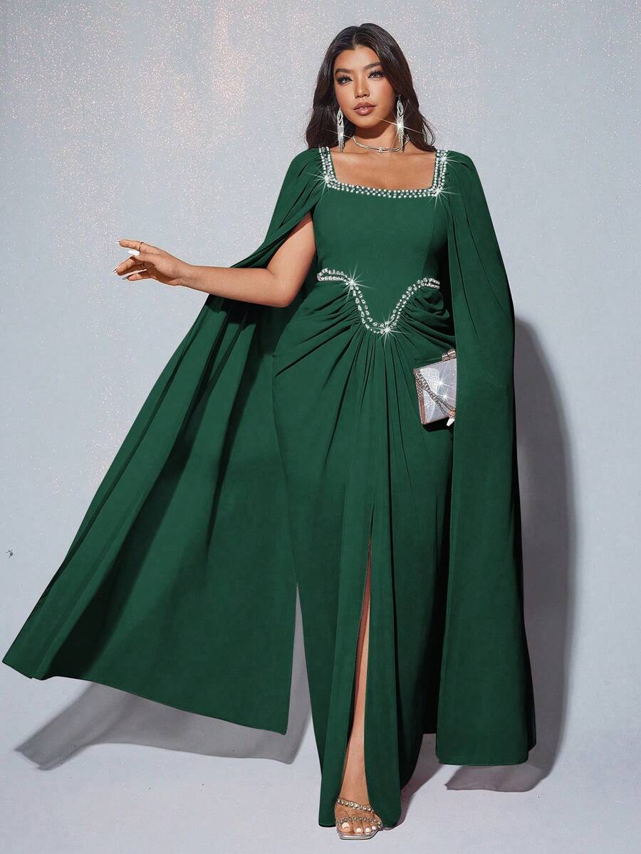 Viva Relle Elegantes, romantisches, luxuriöses Maxikleid für Damen in Große Größen für Bankette, Partys, Hochzeitsgäste, aus Chiffon mit Laternenärmeln, Rundhalsausschnitt, Diamantenverzierung und fließendem Stil (zufällig mit Strass verziert)