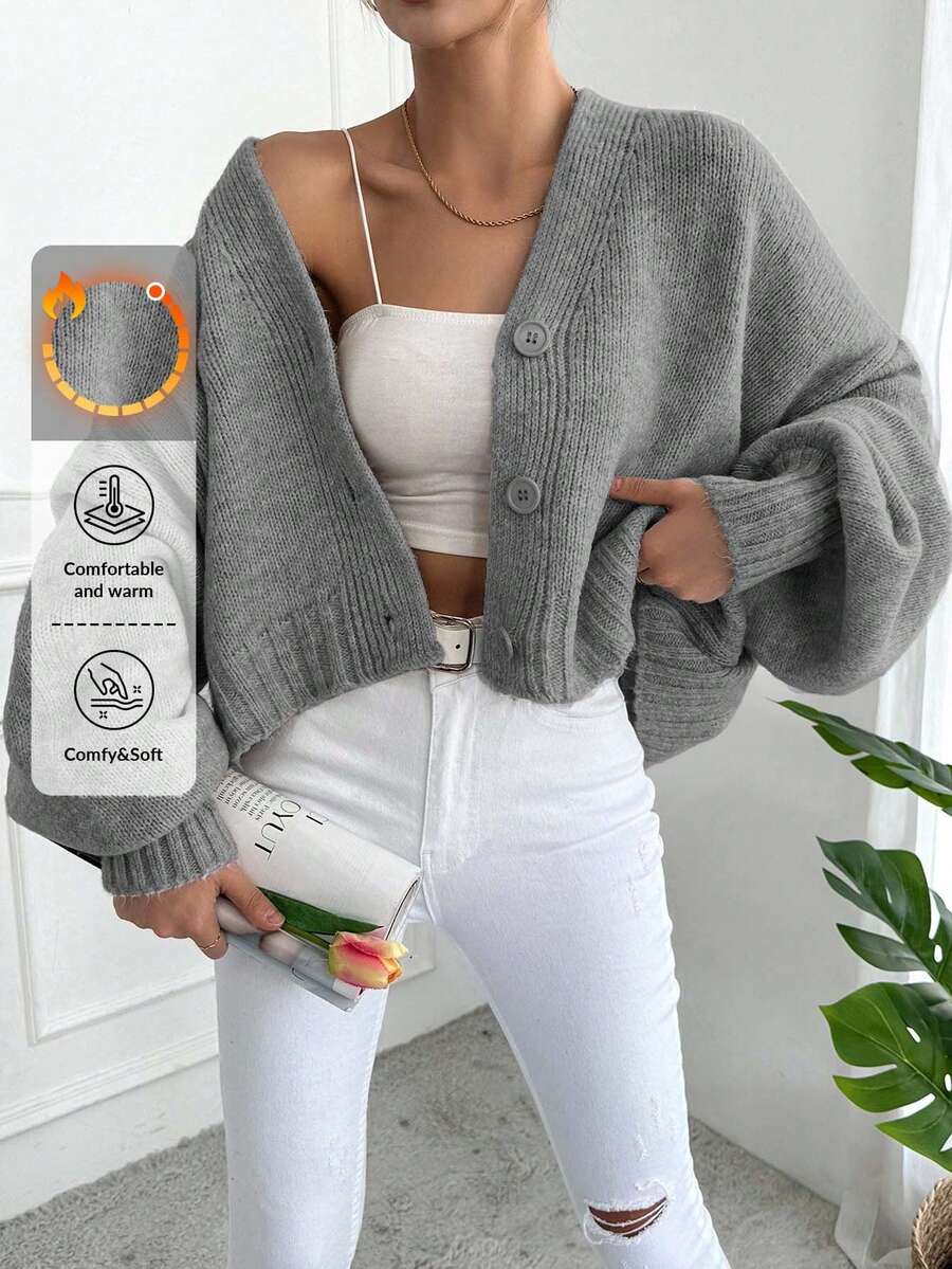 EURMUSE Chaqueta larga de mujer de manga larga con cuello en V y abotonadura frontal, de unicolor, elegante - Gris Claro - Ver 1