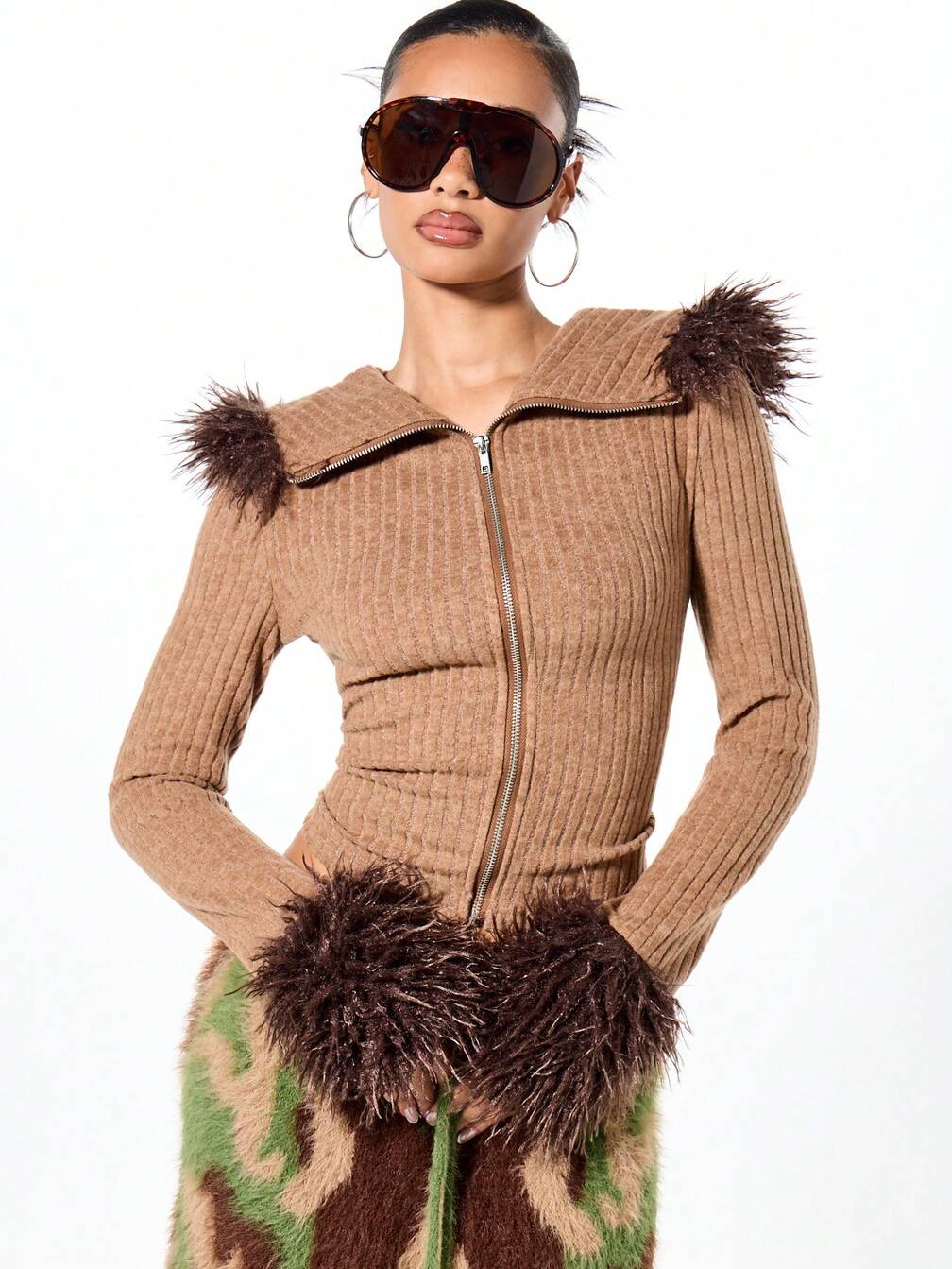 SUMWON WOMEN Ribbed Knit Zip Through Hoodie With Faux Fur Trim