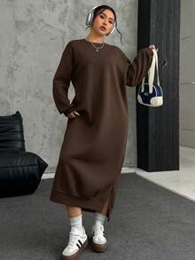 SHEIN EZwear 大码宽松休闲长款羊毛卫衣连衣裙，秋冬 - 棕色 - 查看 4