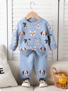 Souflis Souflis 幼儿男童时尚提花针织毛衣长袖套头衫和裤子套装，秋冬