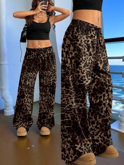 Veykashi Damen Große Größen Leopard Muster Weite Bein Lose Lässig Hose mit Bindegürtel