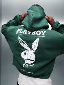 PLAYBOY X SUMWON 短款男士兔子图案印花套头连帽衫，收藏版休闲街头服饰 - 綠色 - 查看 1