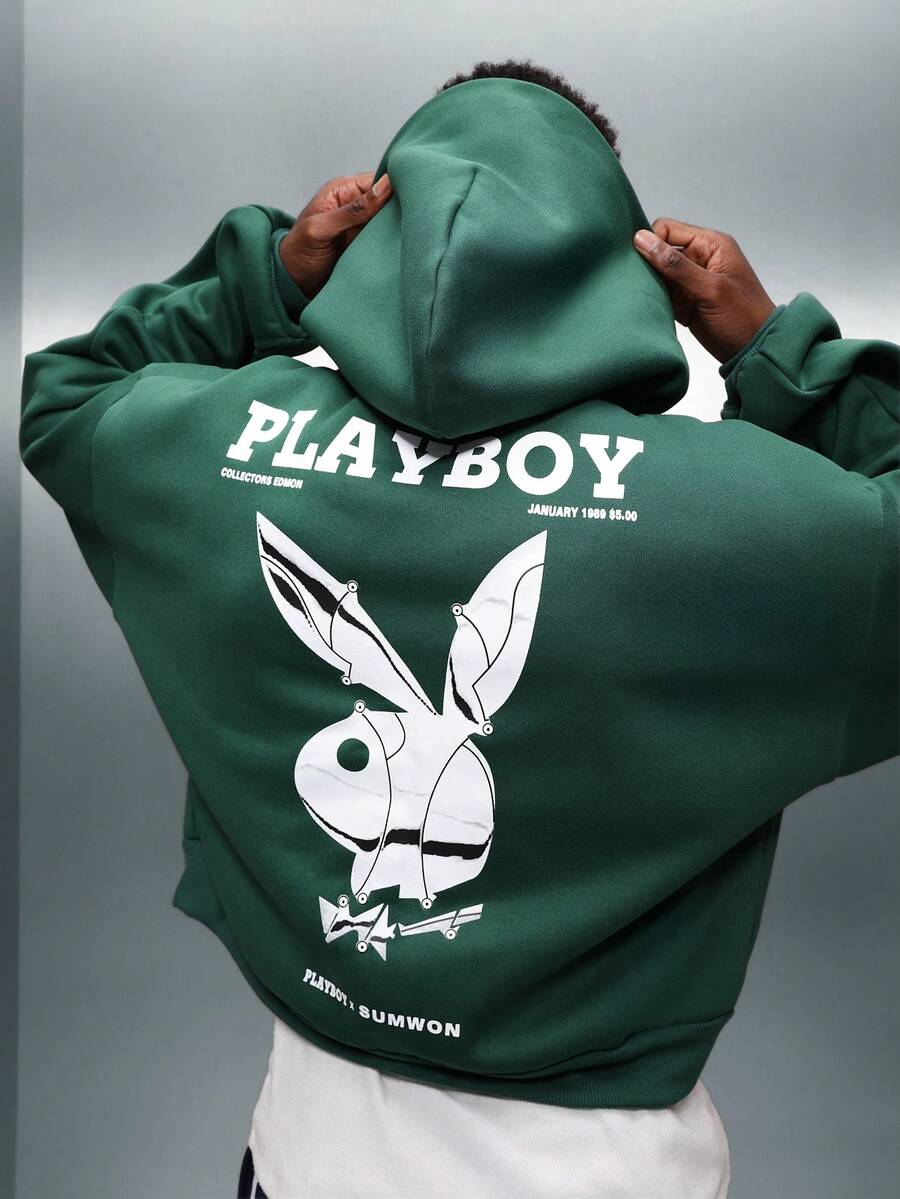 PLAYBOY X SUMWON 短款男士兔子图案印花套头连帽衫，收藏版休闲街头服饰 - 綠色 - 查看 1