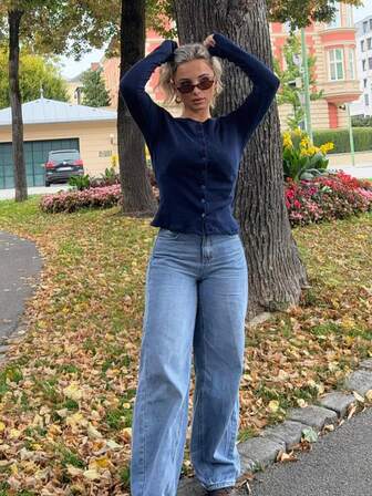 Jeta Ari Ribbed Button Through Long Sleeve Crew Neck Top Casual Vacation Airport Holiday