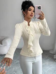 SHEIN Elenzya Elegant Women's White Long Sleeve Blouse,Autumn Asymmetrical Collar Puff Sleeve Ruffle Blouse For Tea Party,Princess Style Casual Commute Date Wear - Apricot - View 6