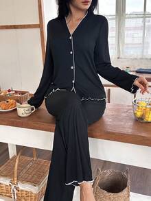 SHEIN 2件套女士宽松休闲柔软撞色滚边针织面料撞色荷叶边睡衣套装秋冬服装 - 黑色 - 查看 5