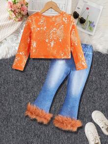 年轻女孩万圣节南瓜印花长袖 T 恤套装，适合婚礼、派对、舞会、生日、万圣节、毕业典礼 - 彩色 - 查看 2