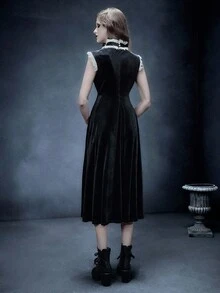 Glisette Solid Color Velvet Midi Dress With High Collar, Lace Trim, Suitable For Daily Wear And Travel - Black - View 3