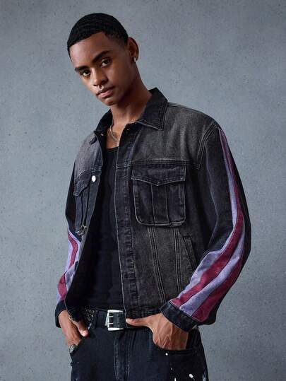 ROMWE MEN Street Life Men's Fashion Drop Shoulder Long Sleeve Front Button Denim Jacket