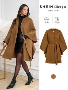 Ellevyn 女士优雅通勤斗篷式圆领中长款外套，秋冬季外出沙特国庆节圣诞节服装女士秋季服装冬季外套 - 摩卡棕 - 查看 1
