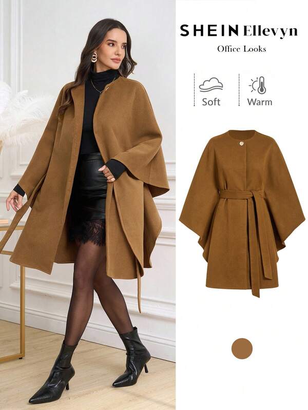 Ellevyn Women's Elegant Commuter Cloak Style Round Neck Mid-Calf Wool Coat, Autumn/Wintergoing Out Saudi National Day Christmas Clothes Autumn Clothes For  Women's Winter Jacket