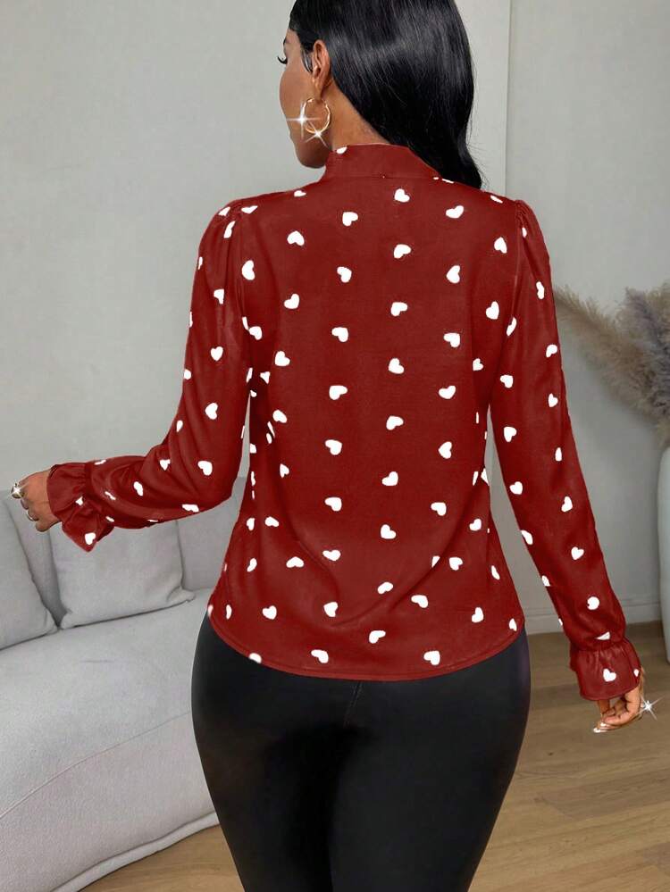 SHEIN Unity Áo sơ mi nữ tay dài thắt nơ phía trước họa tiết trái tim hình bướm - Nhiều màu - Xem 2