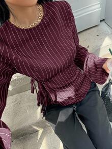 Siren Gaze Áo sơ mi nữ dáng ôm dáng đi làm có chi tiết thắt eo Áo sơ mi sọc cổ tròn tay dài dành cho nữ, thích hợp mặc đi làm và đi làm công sở Giáo viên nữ Mùa đông Giáng sinh Đỏ Năm mới Đỏ tía - Màu Đỏ Sâu - Xem 4
