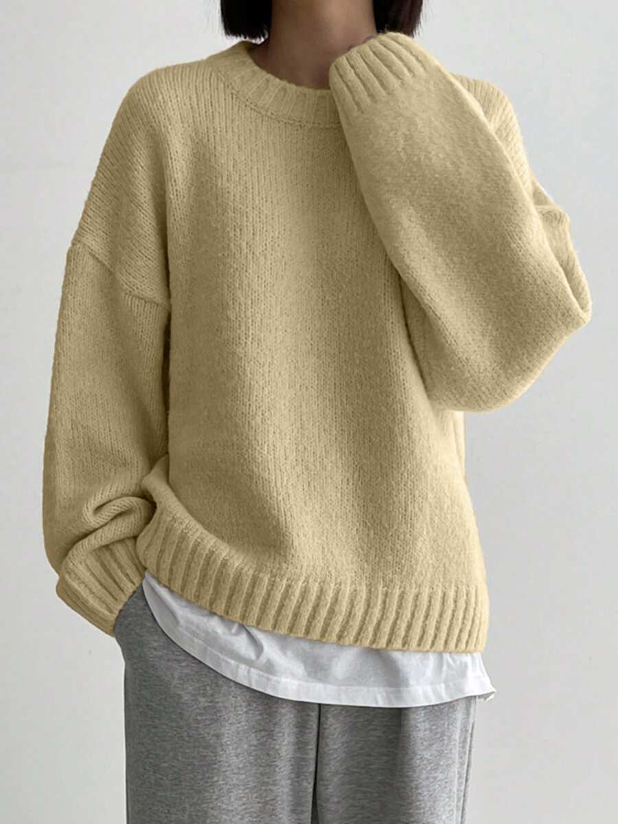 DAZY Women's Casual Loose Fit Crew Neck Drop Shoulder Long Sleeve Sweater, Autumn/Winter - Lime Green - View 1