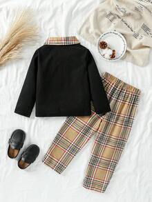 Souflis Souflis 年轻男孩休闲优雅格子华夫格针织长袖 Polo 衫和裤子套装，适合日常穿着、上学、度假和各种场合 - 黑色 - 查看 2