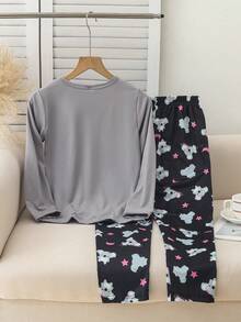 2pcs Girls Cartoon Koala Print Comfortable Loose Long Sleeve Top And Pants Pajama Set Teen Pajamas Set Sleep Wear Set Cartoon Pajamas - Black - View 2
