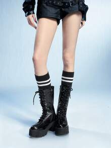 Sugerpunk 女士时尚黑色厚底摩托车中筒靴，街头风格 - 黑色 - 查看 8
