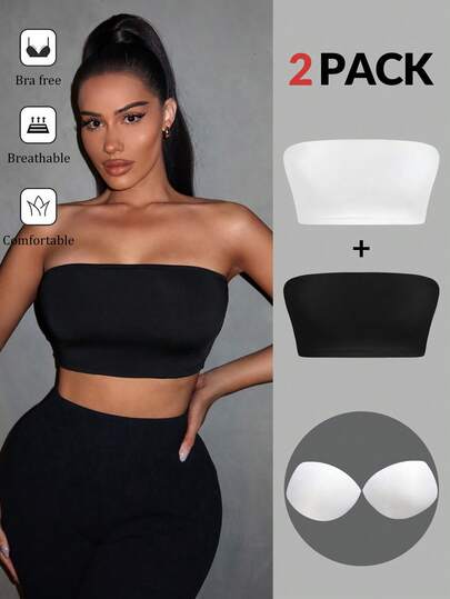 SHEIN SXY 2 件装女式弹力露肩休闲百搭性感短款上衣，内置胸垫