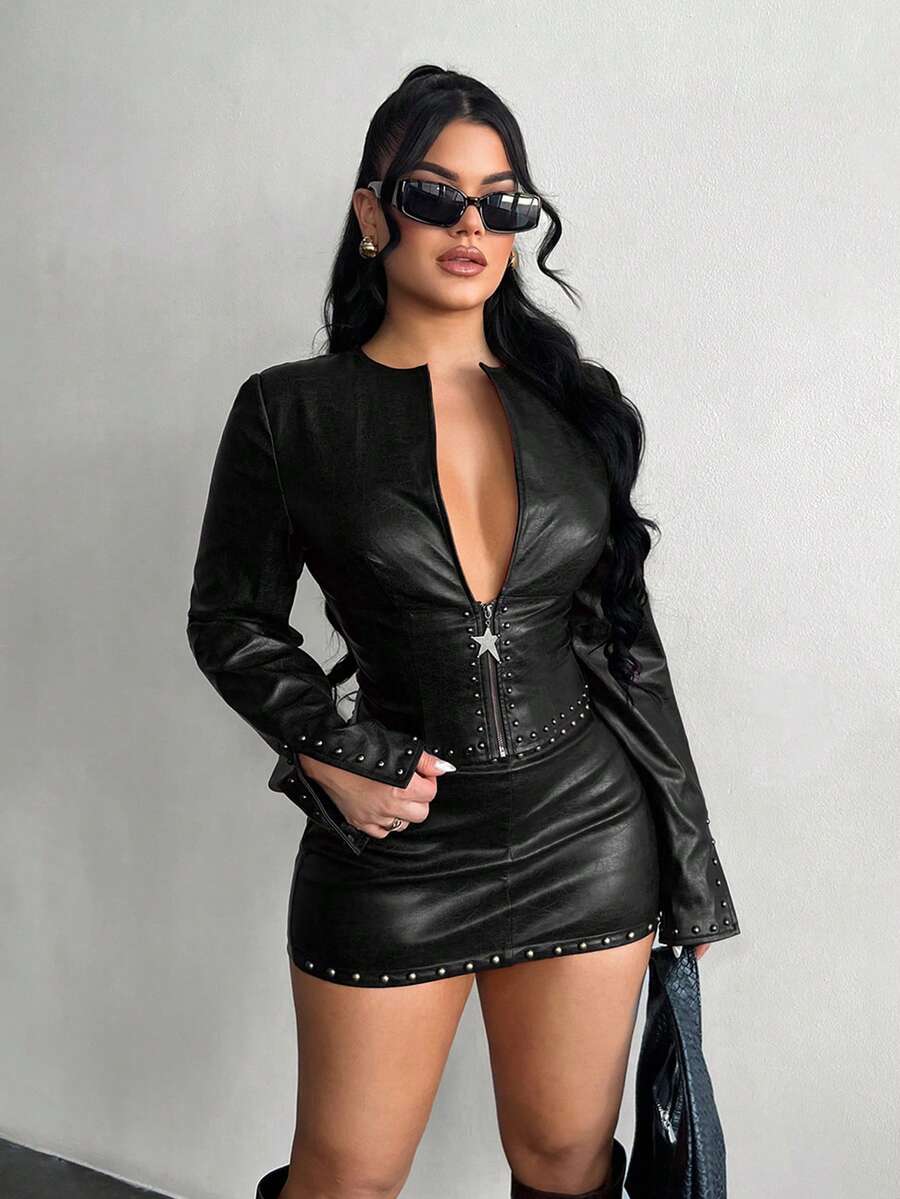 SHEIN SXY Y2K铆钉装饰低腰皮革迷你裙，女士俱乐部风格，黑色皮革材质。 - 黑色 - 查看 1