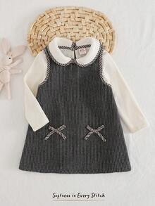 Cozy Pixies 2 件套女婴纯色针织柔软娃娃领长袖套头衫和腰部收紧圆领无袖连衣裙套装，舒适百搭时尚日常可爱图案简约基本款，适合室内、户外、日常、运动、玩耍、派对、照片、节日圣诞节，优雅的女婴服装连衣裙套装 - 深灰色 - 查看 3