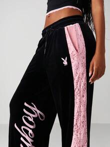 Missguided x Playboy Quần jogger ống rộng nhung phối ren có dây rút ở eo, mang lại sự thoải mái và phong cách thường ngày - Nhiều màu - Xem 4