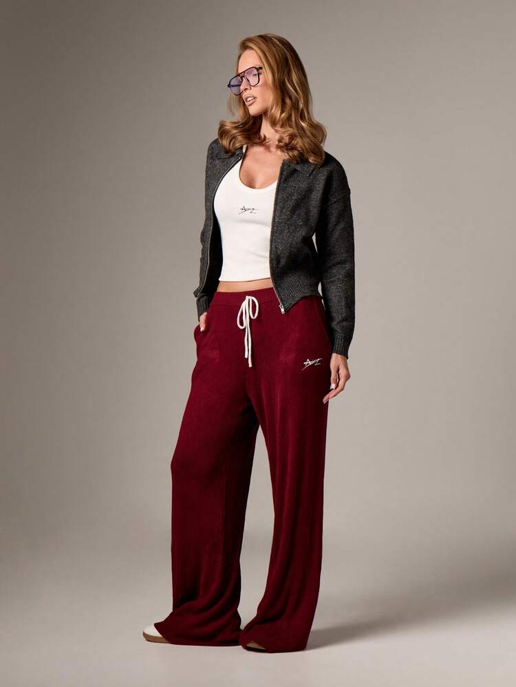 AiiRZ Burgundy Crochet Wide Leg Palazzo Pants With Drawstring Waist For Fall Winter Comfort